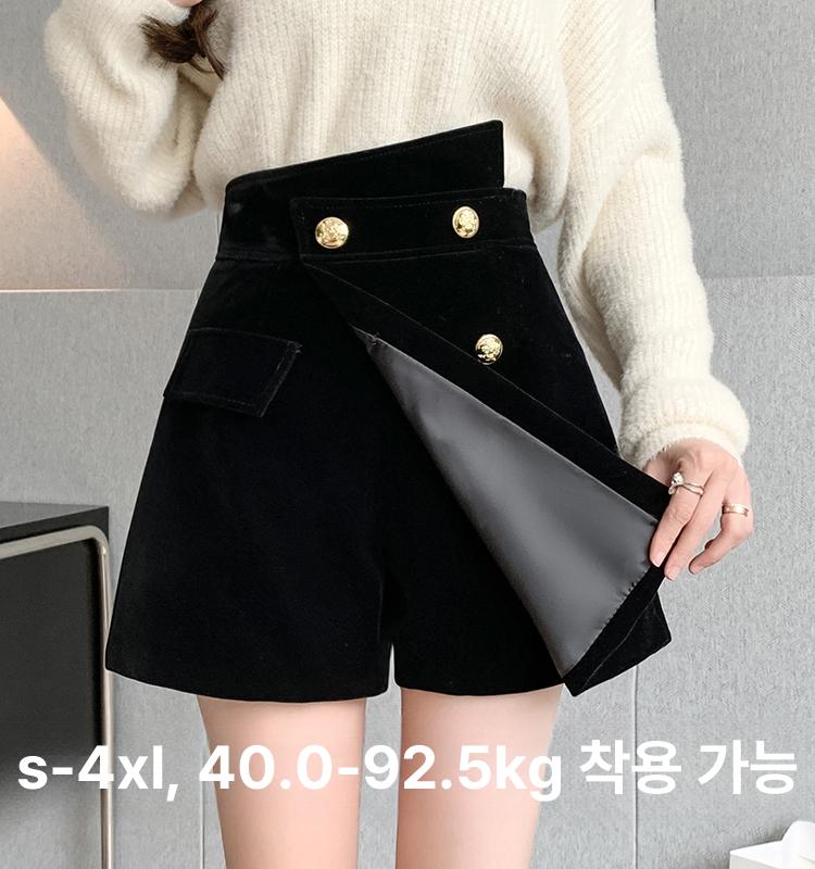 여성 벨벳 하이웨스트 빅사이즈 숏 겨울 가을 와이드 캐주얼 배기팬츠 반바지 나팔바지 - 상세 이미지 5