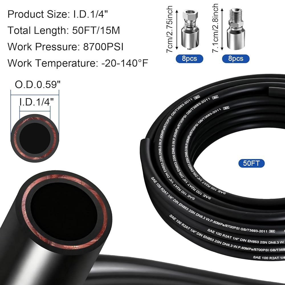 50피트 1/4인치 유압 호스(16Psc 피팅 포함), 5800Psi 코일 라인(고장력 강철 와이어 브레이드 2개 고무 플렉시블 오일 호스(-20 C ~ 140 C) - 상세 이미지 3