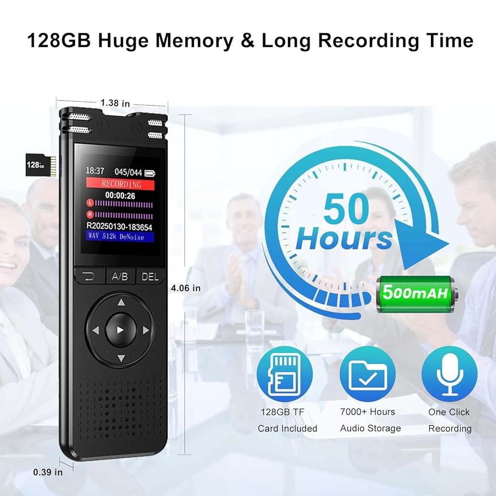 128GB 디지털 음성 녹음기, 재생 업그레이드 활성화 녹음, 프리미엄 노이즈 감소 딕타폰 장치로 강의 회의 인터뷰에 적합 - 상세 이미지 3