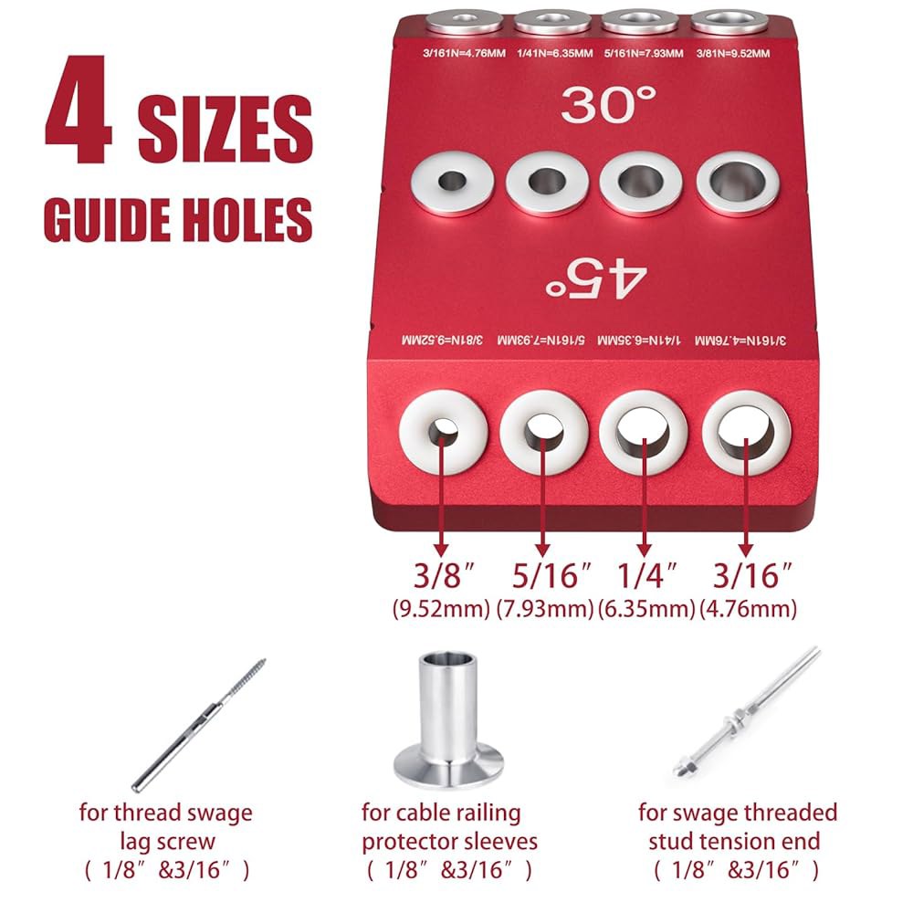 Kingson 30 45 90 케이블 난간용 각도 드릴 가이드, 및 직선 구멍용 블록 데크 / 포트 계단 난간 설치용 하드 스틸 브러시가 장착된 지그, 난간(빨간색) 1 Red 1 - 상세 이미지 3