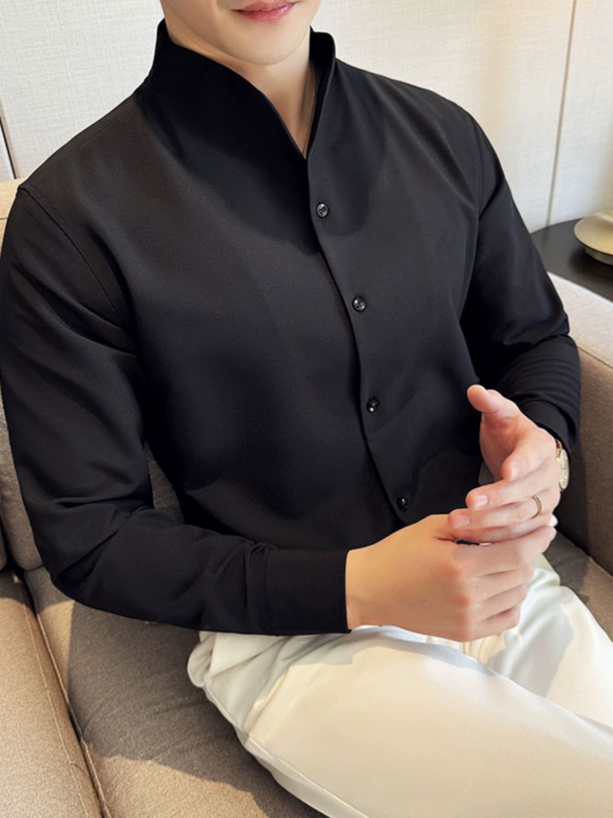 남자차이나셔츠 슬림핏 드레스셔츠 정장 세미 캐주얼 긴팔 남자셔츠 차이나넥셔츠 - 상세 이미지 2