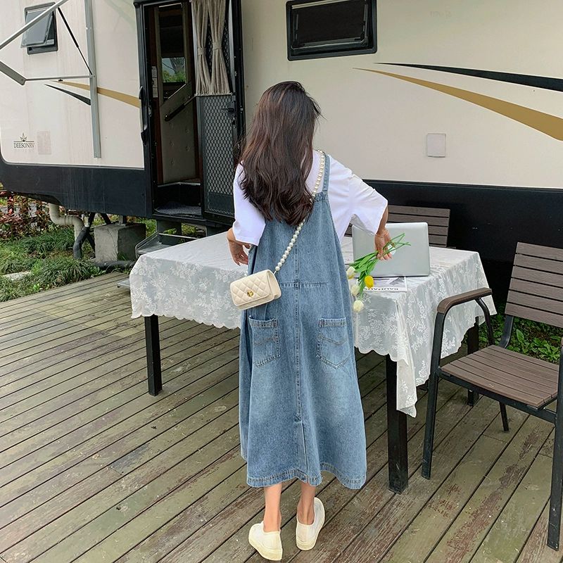 여성 데님멜빵스커트 청치마 롱 데일리 빅사이즈 멜빵청치마 뷔스티에 청멜빵치마 라인 빈티지 - 상세 이미지 3