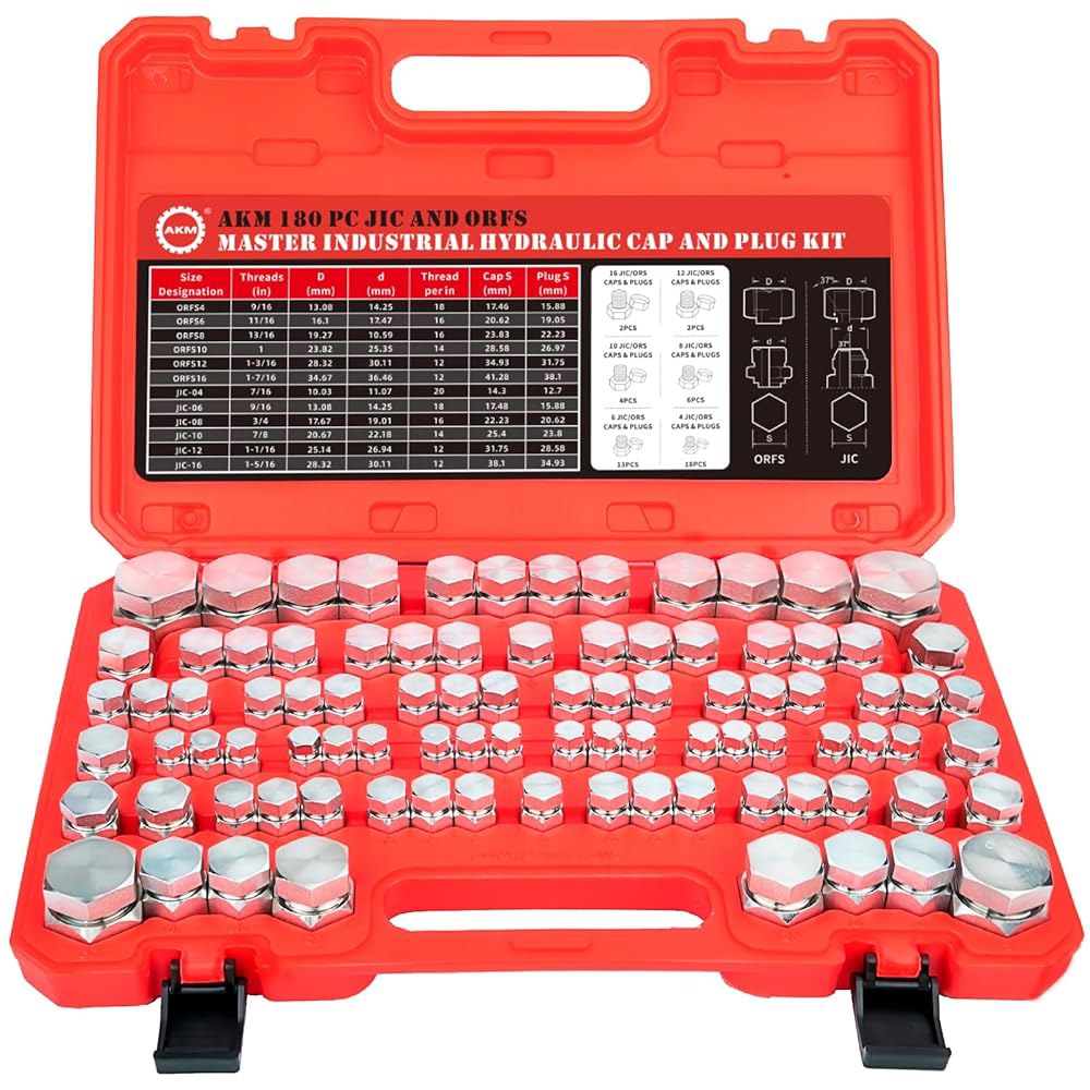 AKM 180 PC JIC 및 ORFS 마스터 산업용 유압 캡 플러그 호스 튜브 파이프 피팅 키트 정밀 나사산(ORFS 37 대시 크기 4 6 8 10 12 16) - 상품 이미지