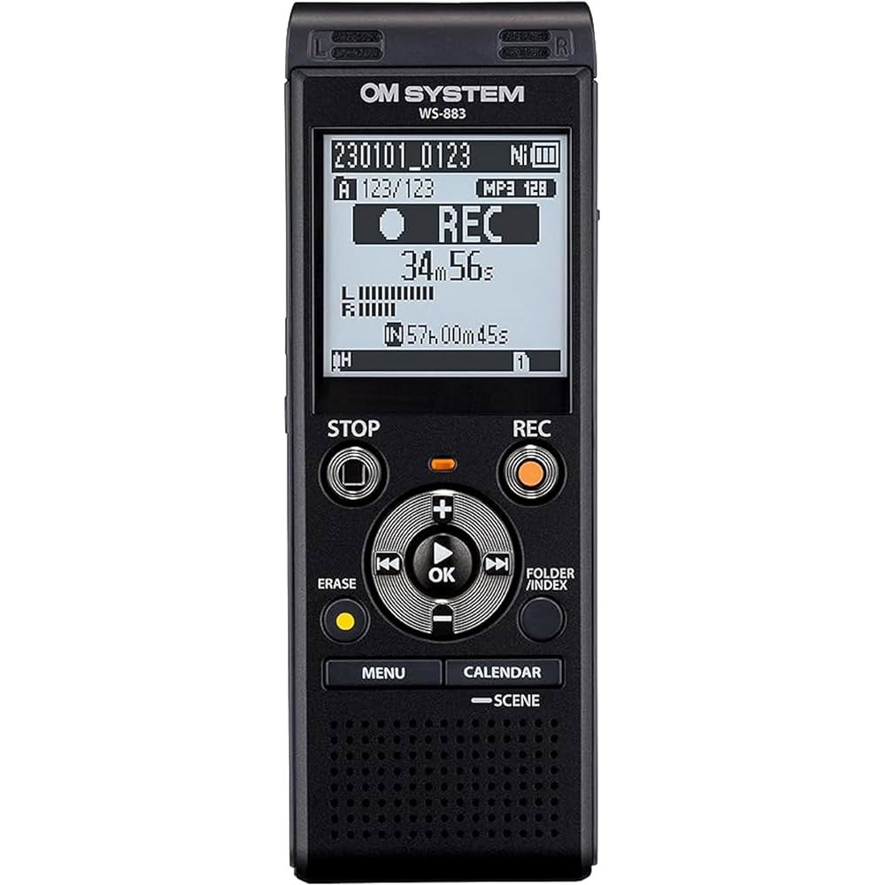 올림푸스 WS-883 디지털 음성 녹음기, 선형 PCM/MP3 녹음 형식, USB-A 배터리 충전, 트루 스테레오 마이크, 로우 컷 필터 및 8GB 내장 메모리(블랙) - 상품 이미지