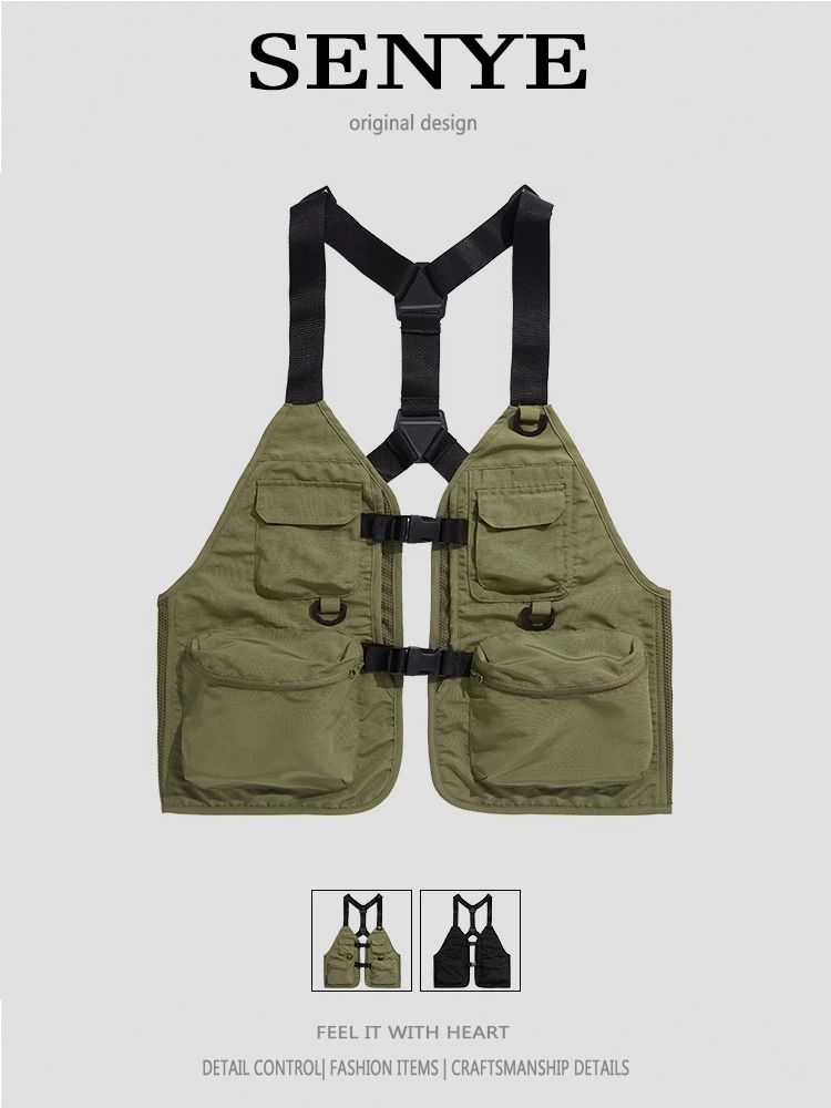 작업 조끼 멜빵 멀티포켓 후드 힙합 프리사이즈 경량조끼 반바지 남자 남녀공용 베스트 전투 - 상세 이미지 2