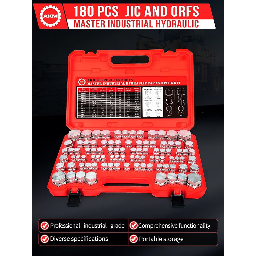 AKM 180 PC JIC 및 ORFS 마스터 산업용 유압 캡 플러그 호스 튜브 파이프 피팅 키트 정밀 나사산(ORFS 37 대시 크기 4 6 8 10 12 16) - 상세 이미지 2