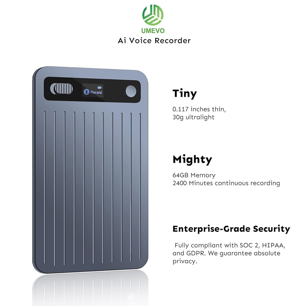 UMEVO 노트 플러스 AI 음성 녹음기 무제한 전사 및 요약, 케이스가 포함된 64GB 기기, 앱 제어, 통화, 강연, 회의, 인터뷰를 위한 140개 언어(파란색) Black - 상세 이미지 3