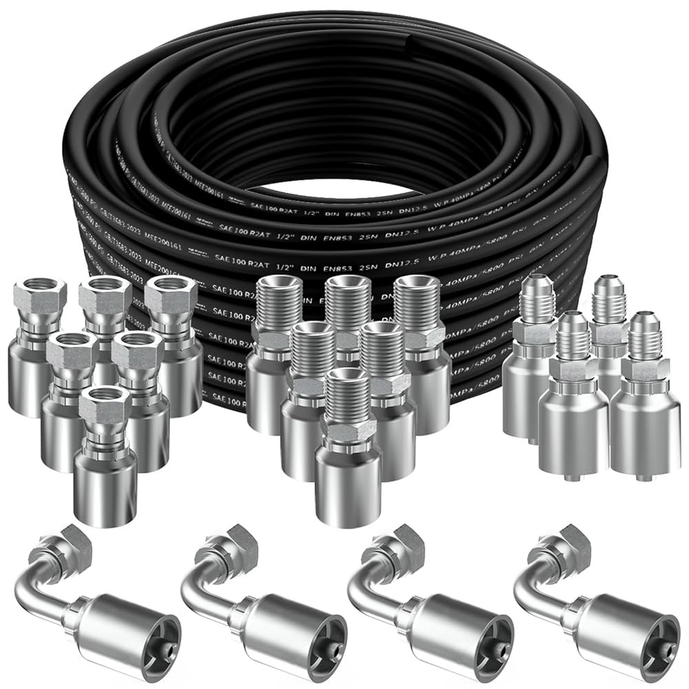 100피트 1/2 유압 호스, 20Pcs 1/2인치 NPTF 수컷 및 JIC 37 암컷 90 팔꿈치 호스 피팅 W.P.40MPa / 5800PSI 30Ft 1/2 Hose - 상품 이미지