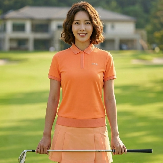 핑 골프 여성 여름 필드룩 시보리 요꼬 단작 카라 반팔 티셔츠 - 상품 이미지