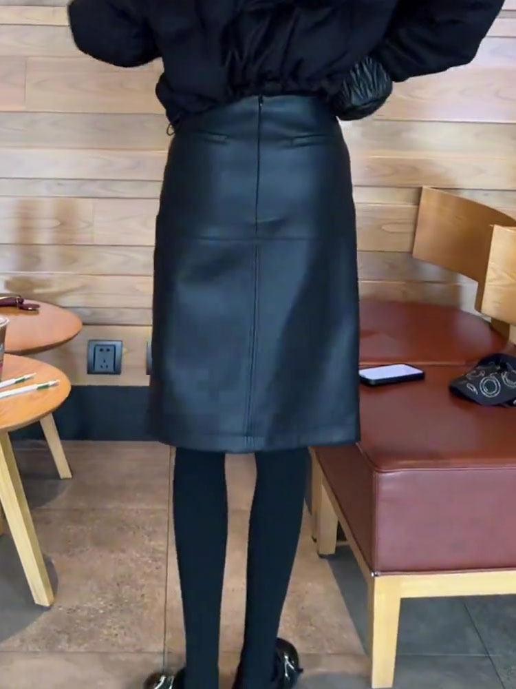 인조 가죽 치마 PU 스커트 레더 캐주얼 스트레이트 - 상품 이미지