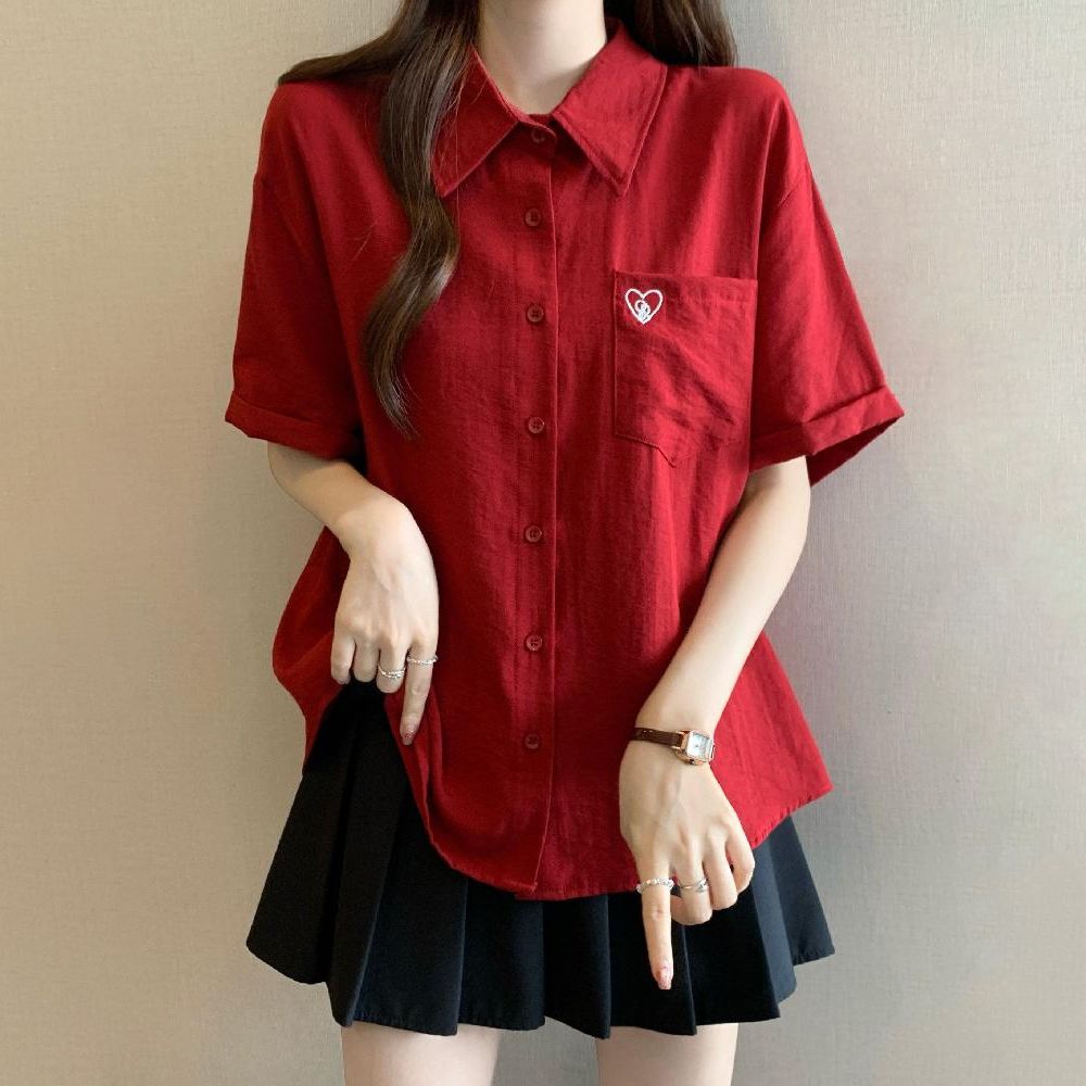 레드 반팔 셔츠 블라우스 여름 캐주얼 데일리 캠퍼스 오피스룩 - 상품 이미지