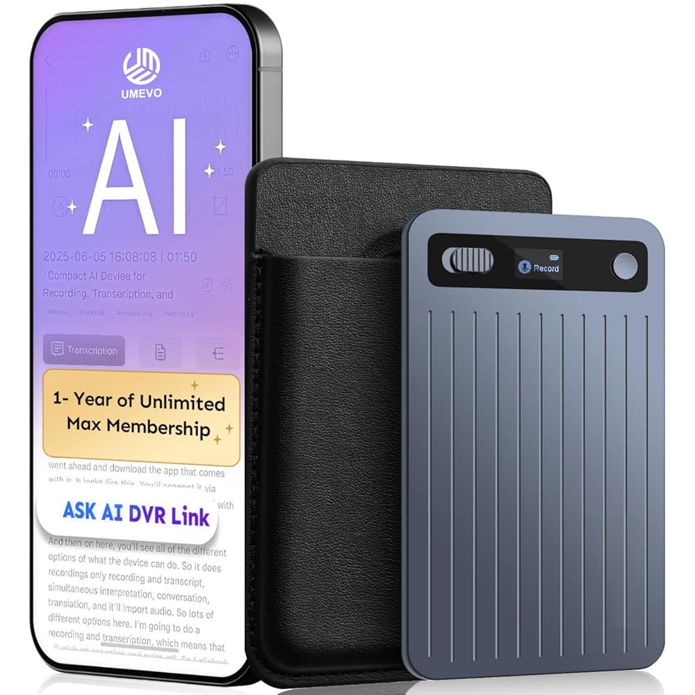 UMEVO 노트 플러스 AI 음성 녹음기 무제한 전사 및 요약, 케이스가 포함된 64GB 기기, 앱 제어, 통화, 강연, 회의, 인터뷰를 위한 140개 언어(파란색) Black - 상품 이미지