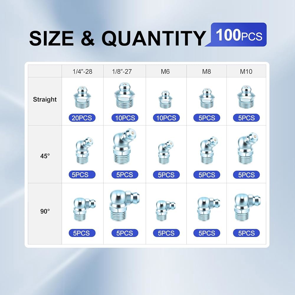 Tavonuxt 100 PCS SAE 및 미터법 그리스 피팅 키트 - 자동차 산업용 스트레이트, 45 , 90 도 헤드가 있는 유압 저크 어소시에이션 1/4 1/8 M6 M8 M1 - 상세 이미지 2