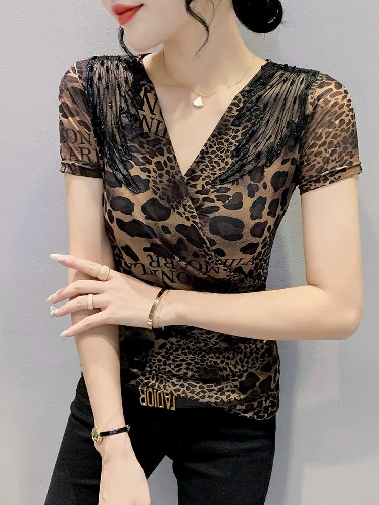여성 댄스복 티셔츠 호피무늬 방송 지퍼 댄스 비즈 라틴댄스복 라인댄스복 댄스티 라인 - 상세 이미지 3
