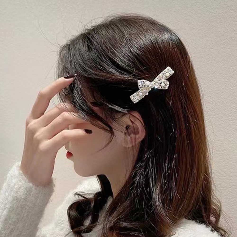 진주 큐빅 리본 헤어 집게핀 앞 머리핀 옆머리 단발 반묶음 - 상세 이미지 2