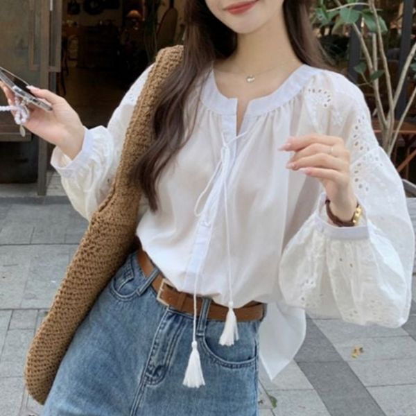 루즈핏 여성 펀칭 블라우스 시스루 여성 벌룬 블라우스 캐주얼 - 상품 이미지