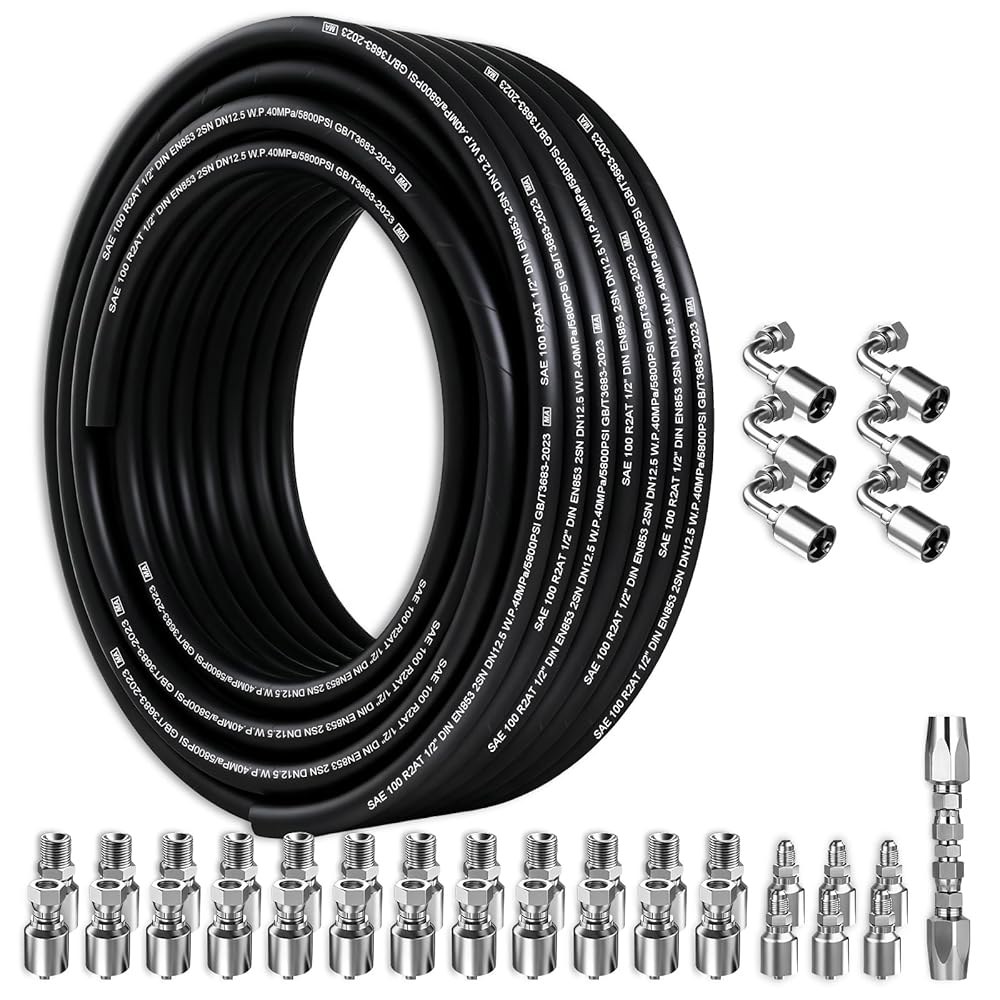 100피트 1/2인치 유압 호스(36Pc 피팅 및 호스 수리 키트 포함), 3980Psi 코일 라인(고장력 강철 와이어 브레이드 2개 고무 유연 오일 -20 C ~ 140 - 상품 이미지