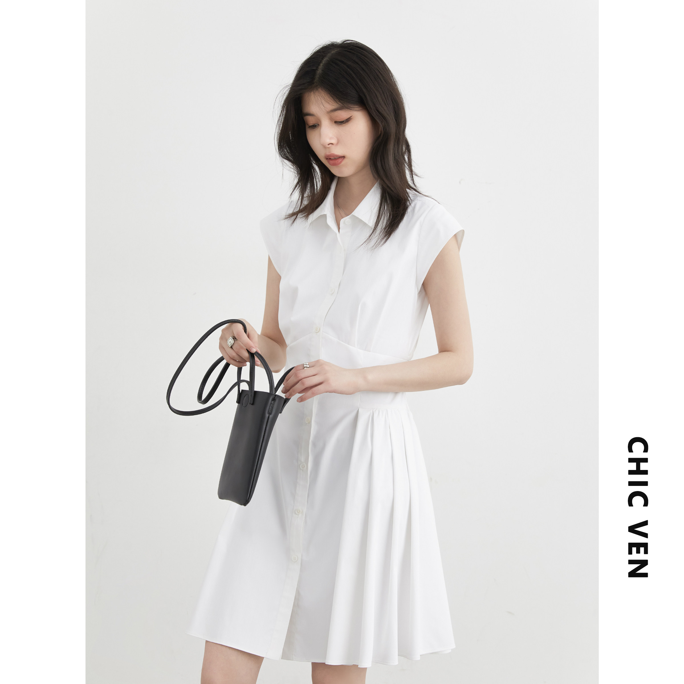 CHICVEN 셔츠원피스 민소매 a라인 플리츠 블랙 여성 여름원피스 하객룩 - 상세 이미지 4