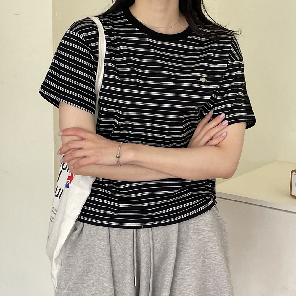 귀여운 단가라 여름 여성 티셔츠 와펜 기본 코튼 라운드 스트라이프 티셔츠 이너티 여자 반팔티 이미지 6