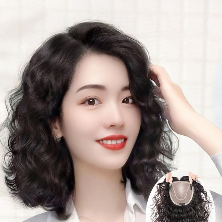 정수리가발 인모 앞머리 곱슬 부분 내추럴블랙 웨이브 가발 금발 중년 파마 커버 탑커버 - 상품 이미지