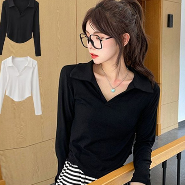 슬림핏 여성 긴 팔 티 골지 여성 카라 티 데일리 - 상품 이미지