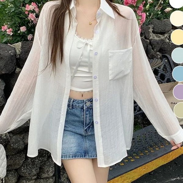 루즈핏 여성 얇은 셔츠 시스루 여름 셔츠 주름 남방 기본 - 상품 이미지