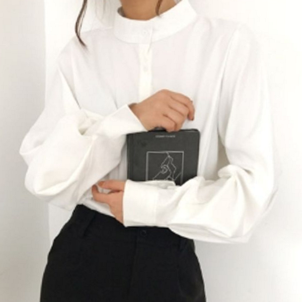 루즈핏 여성 린넨 셔츠 스탠카라 여성 블라우스 오피스 - 상품 이미지