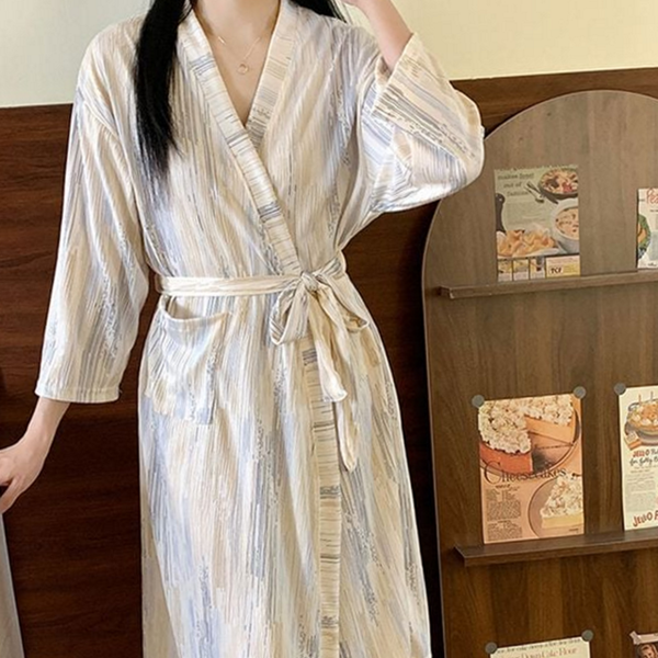 루즈핏 여성 롱 가운 파자마 여성 잠옷 스트라이프 원피스 여름 - 상품 이미지