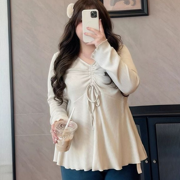 루즈핏 여성 브이넥 티셔츠 라운지 여성 셔링 티셔츠 골지 가을 - 상품 이미지