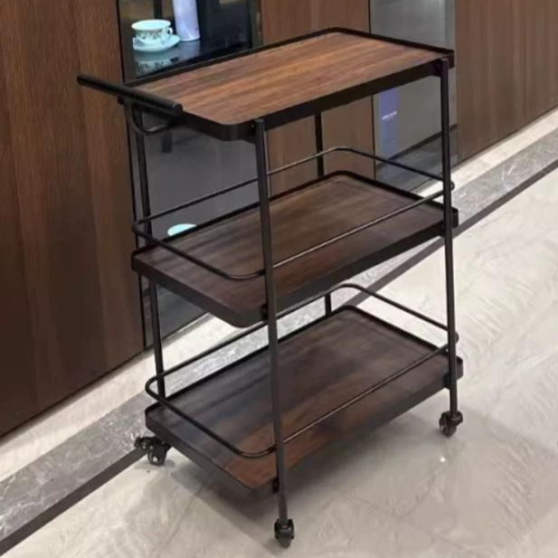 와인 트롤리 호텔 서빙카트 디저트 카페 웨건 선반 블랙 프레임 월넛 69x38x90 - 상세 이미지 2