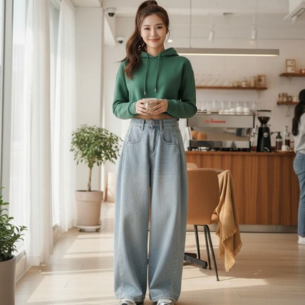 루즈핏 여성 와이드 청바지 사이드 여성 와이드 데님 일자 - 상품 이미지