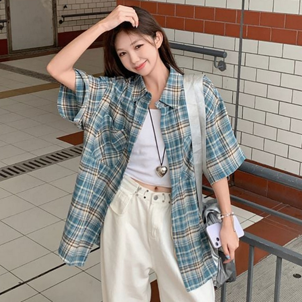 루즈핏 여성 체크 셔츠 박시핏 여성 반팔 셔츠 데일리 - 상품 이미지