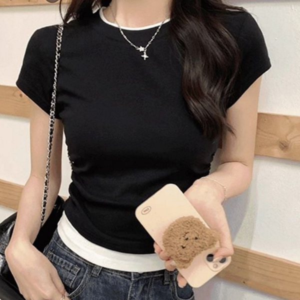 데일리 여성 레이어드 티셔츠 라운드 여성 슬림핏 티셔츠 베이직 코튼 - 상품 이미지