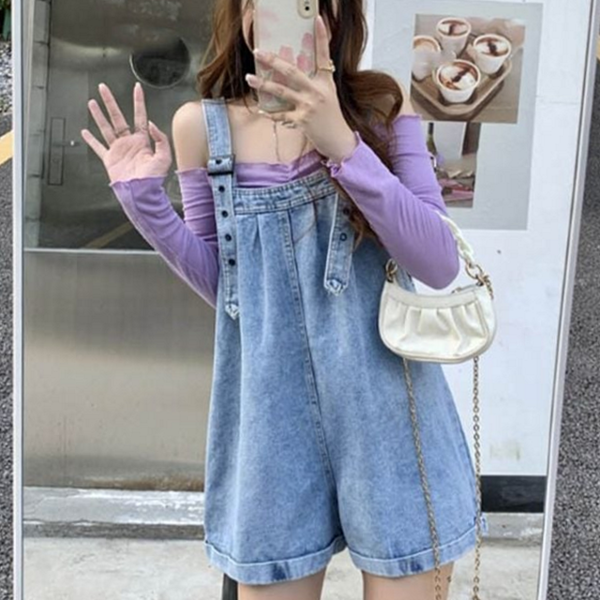 데일리 여성 멜빵 반바지 스트랩 멜빵 반바지 데님 바지 - 상품 이미지