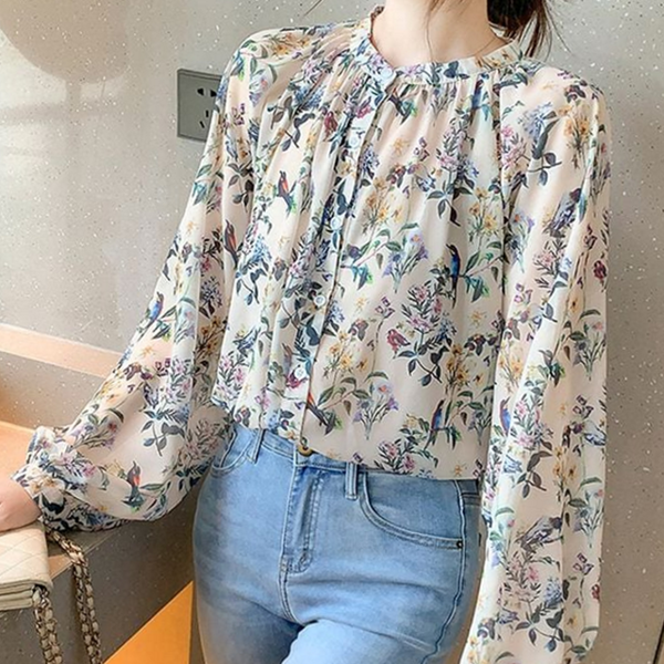 하늘하늘 꽃 블라우스 쉬폰 여성 플라워 블라우스 루즈핏 가을 - 상품 이미지