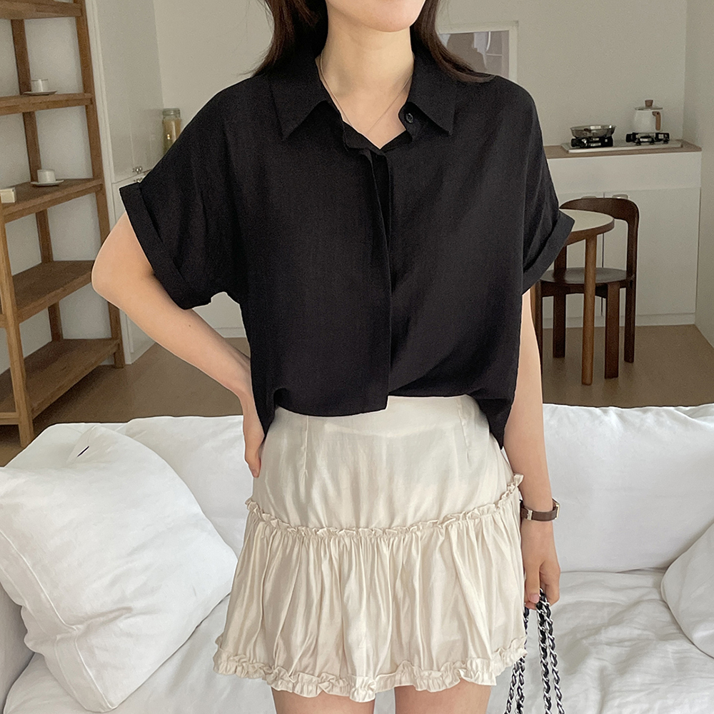 여성 여름 반팔 여자 롤업 셔츠 시원한 루즈핏 남방 데일리 캐주얼룩 코디 화이트 블랙 이미지 6