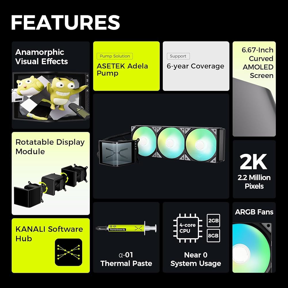 TRYX SE 360 ARGB 360mm AIO 회전 가능 6.67인치 AMOLED 곡면 스크린 3D 아나모픽 효과 맞춤형 쿨러 Asetek Adela 펌프 280w TDP 팬 - 상세 이미지 2