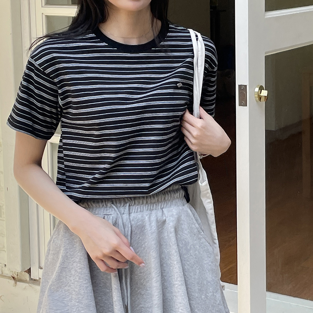 귀여운 단가라 여름 여성 티셔츠 와펜 기본 코튼 라운드 스트라이프 티셔츠 이너티 여자 반팔티 이미지 7