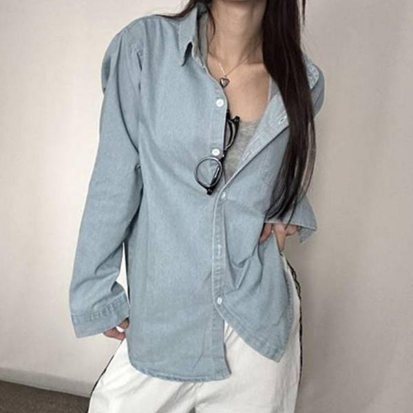 캐주얼 여성 데님 셔츠 오버핏 여성 루즈핏 셔츠 데일리 카라 - 상품 이미지