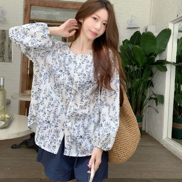 루즈핏 여성 블라우스 플라워 블라우스 투피스 - 상품 이미지