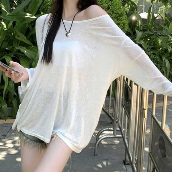루즈핏 여성 시스루 티셔츠 브이넥 여성 오프숄더 티셔츠 크롭 여름 - 상품 이미지