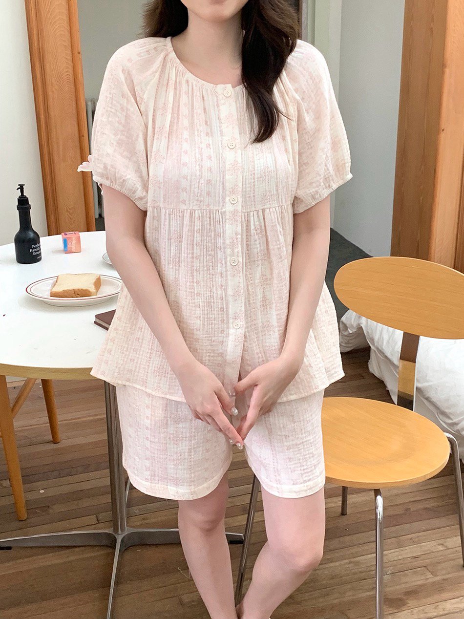 라운드넥 반팔잠옷 반바지 플라워 순면 거즈면 수유 홈웨어 파자마 여름 - 상세 이미지 4