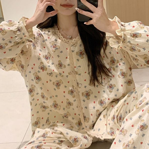 데일리 잠옷 프린트 여성 잠옷 투피스 가을 상하의 - 상품 이미지