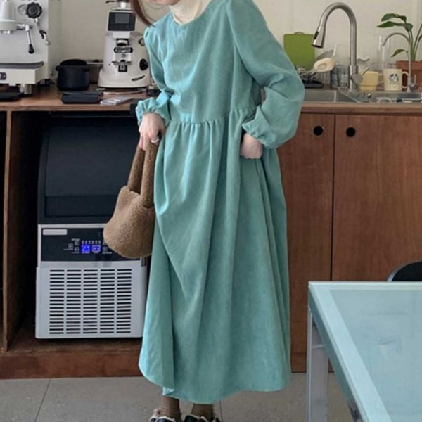 데일리 여성 코듀로이 원피스 라운드 여성 퍼프 소매 원피스 셔링 - 상품 이미지