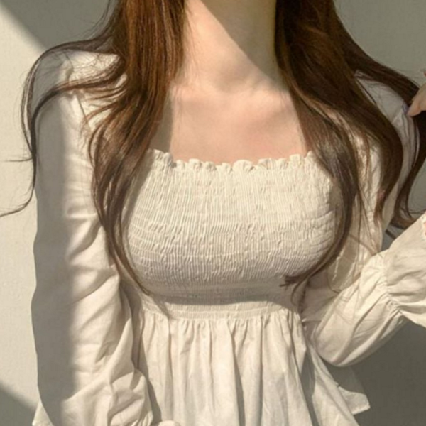 루즈핏 여성 스모크 블라우스 스퀘어넥 여성 퍼프 블라우스 데일리 가을 - 상품 이미지