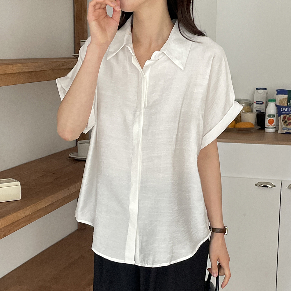 여성 여름 반팔 여자 롤업 셔츠 시원한 루즈핏 남방 데일리 캐주얼룩 코디 화이트 블랙 - 상세 이미지 4