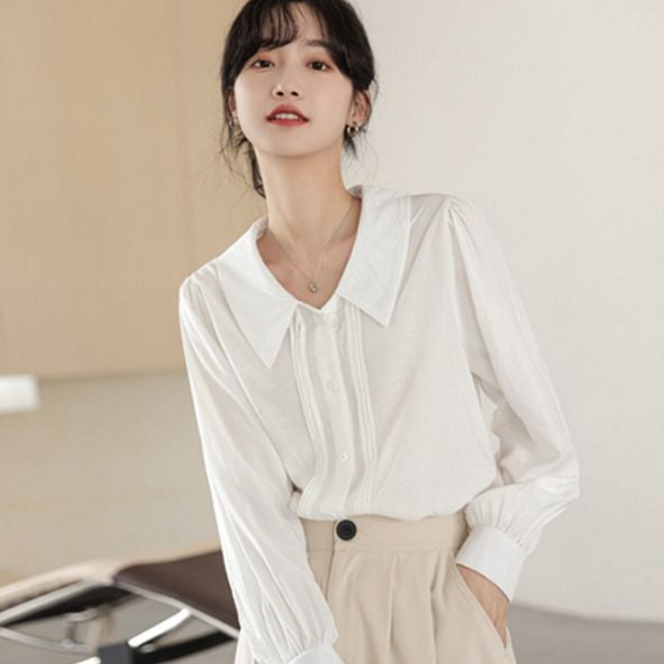 데일리 여성 블라우스 셔링 빅 카라 블라우스 루즈핏 간절기 하객룩 - 상품 이미지