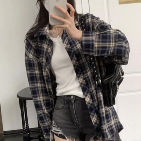 빅사이즈 여성 체크 셔츠 루즈핏 여성 오버핏 셔츠 데일리 남방 - 상품 이미지