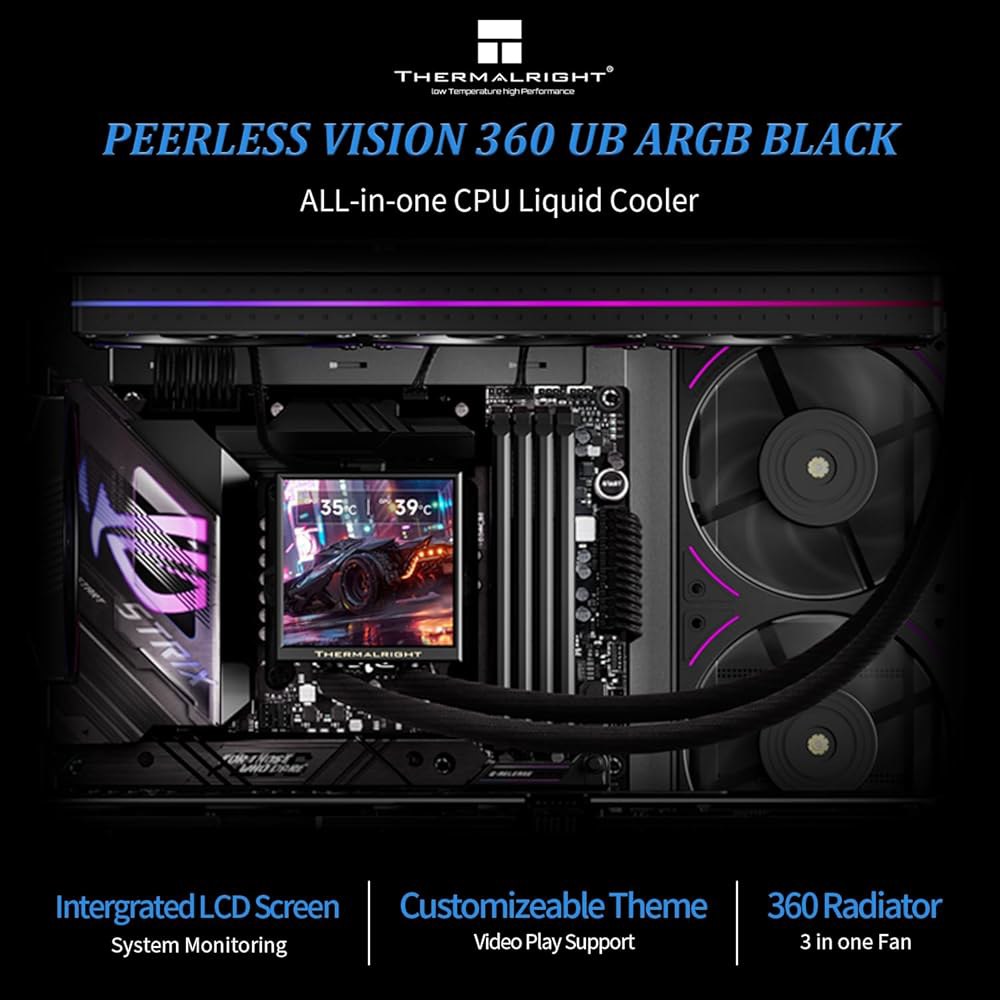 Thermalright 피어리스 비전 360 UB AGB 블랙 CPU Aio 쿨러, 인라인 PC 팬이 있는 사양 워터 쿨러 시스템, 480x480 해상도의 3.95 u2019 IP - 상세 이미지 2