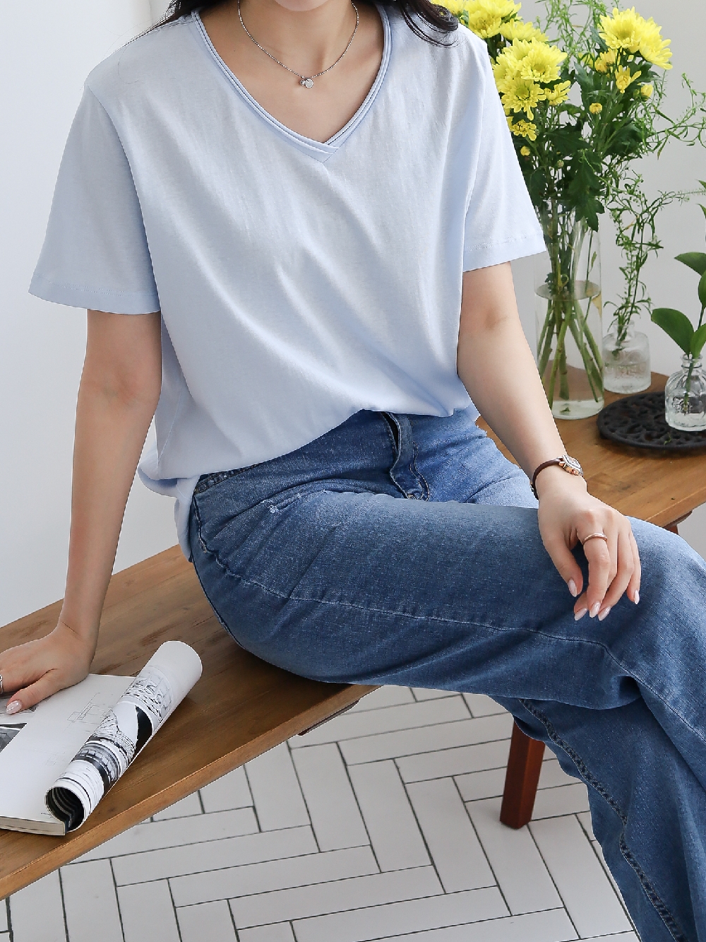여성반팔티 이너티 돌돌이 브이넥 루즈핏 레이어드 반팔 티셔츠 - 상세 이미지 5